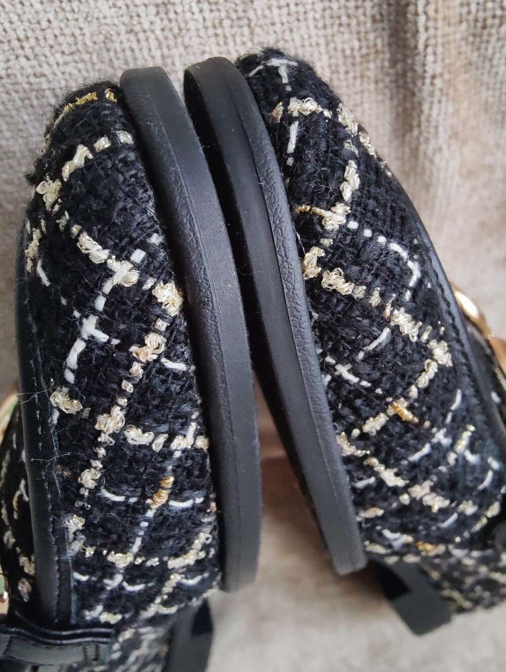 New Kenneth Cole Black and Gold Tweed Larisa Loafers with Gold Tone Buckle, Sz8 - Picture 12 of 13